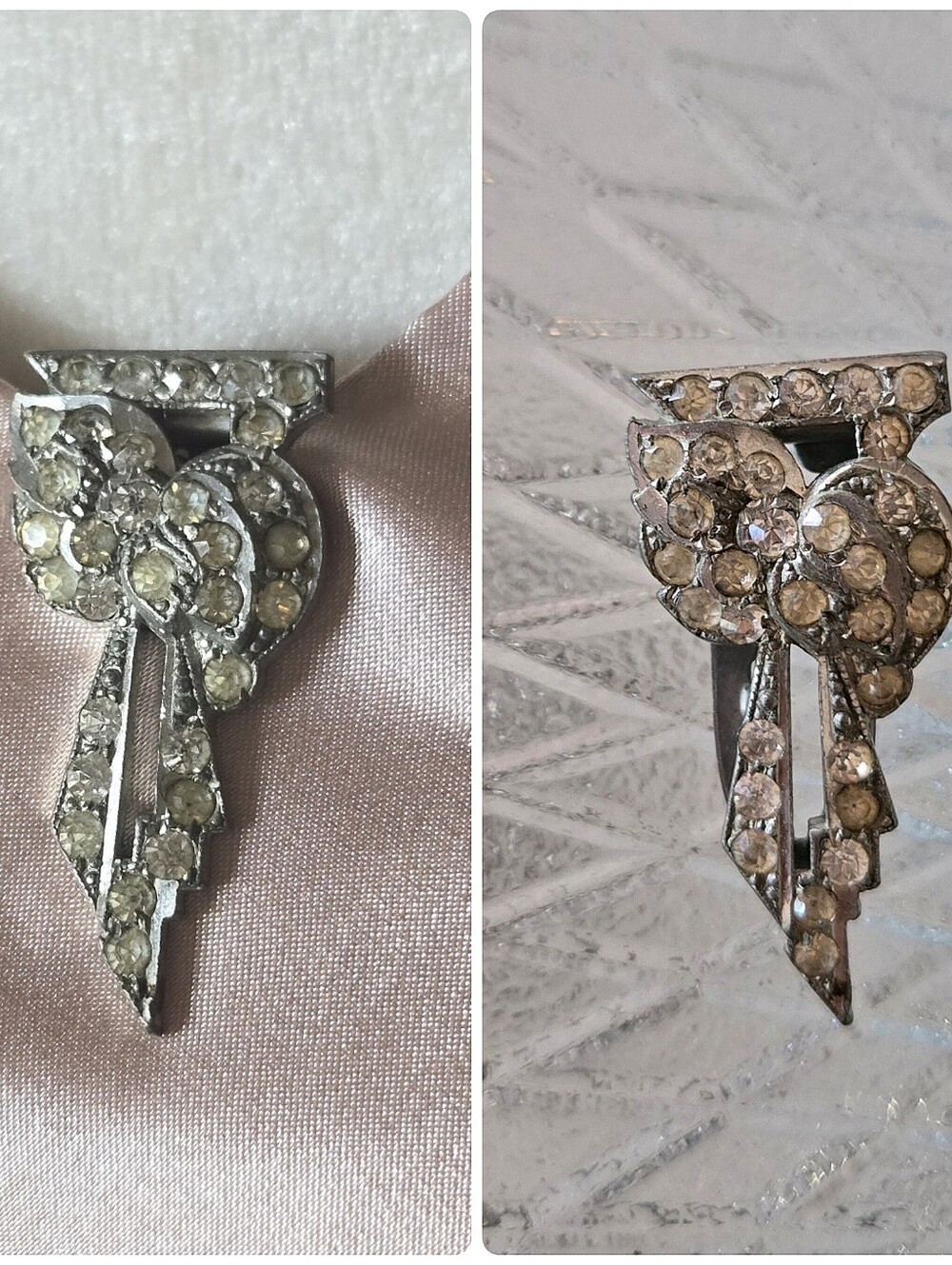 Vtg 1930s Art Deco Bow Clasp Brooch, Wedding, Bridal, Party, Rhinestone